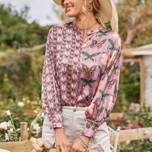 Purple Asymmetrical Butterfly Print Botton Up Blouse
